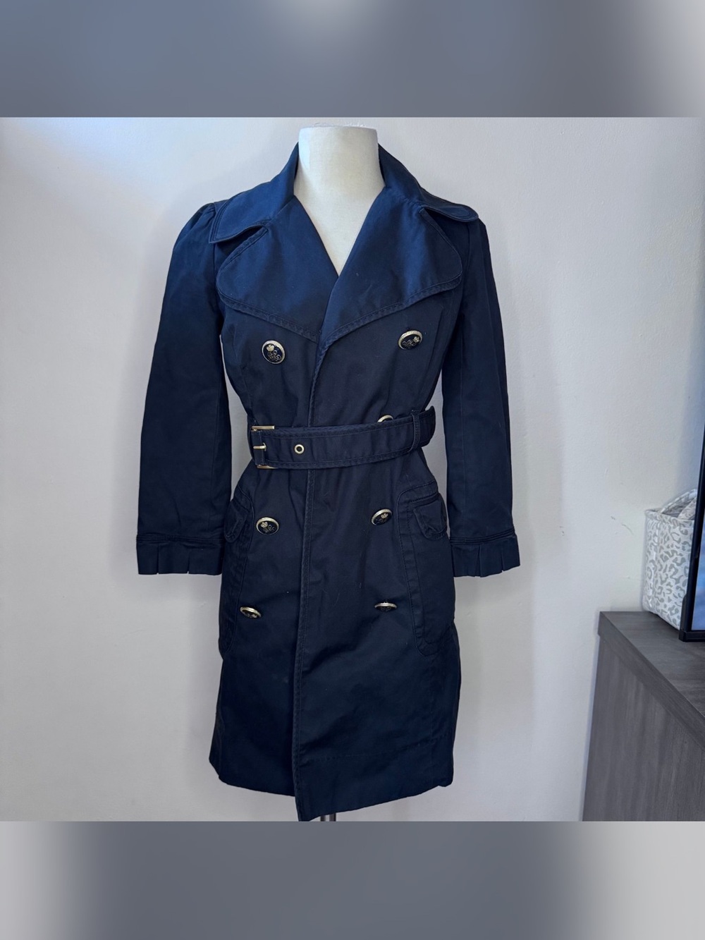 Vintage Juicy Couture Navy Double-Breasted Trench Coat with Belt - P